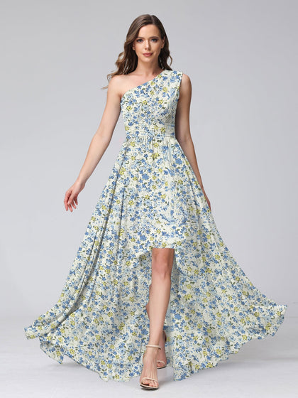 Robes de Demoiselled'Honneur Trapèze/Princesse Asymétriques Sans Manches à Volants et à Fleurs