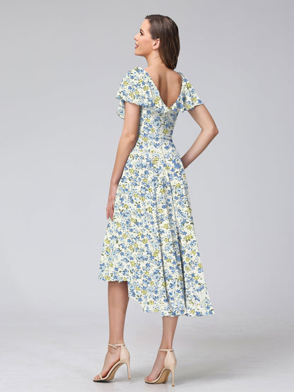 Robe de Demoiselled'Honneur à Volants, Coupe Trapèze/Princesse, Col en V, Manches Courtes, Motif Floral