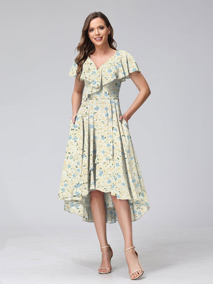 Robe de Demoiselled'Honneur à Volants, Coupe Trapèze/Princesse, Col en V, Manches Courtes, Motif Floral