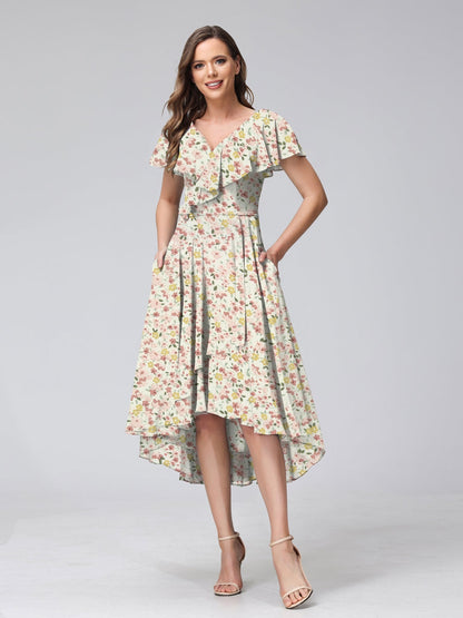 Robe de Demoiselled'Honneur à Volants, Coupe Trapèze/Princesse, Col en V, Manches Courtes, Motif Floral