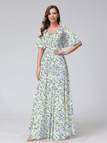 Robes de Demoiselled'Honneur à Fleurs, Coupe A-Line/Princesse, Col en V, Manches Courtes, Plis