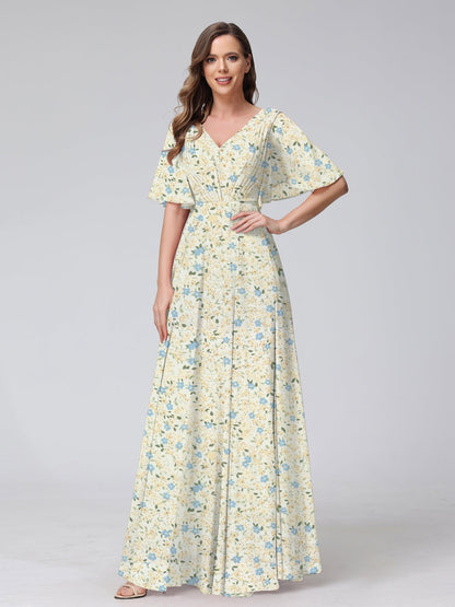 Robes de Demoiselled'Honneur à Fleurs, Coupe A-Line/Princesse, Col en V, Manches Courtes, Plis