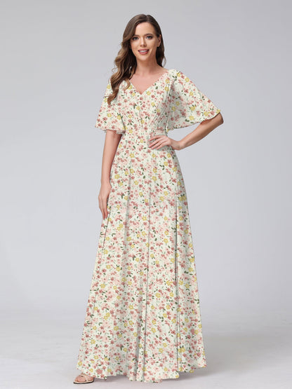 Robes de Demoiselled'Honneur à Fleurs, Coupe A-Line/Princesse, Col en V, Manches Courtes, Plis
