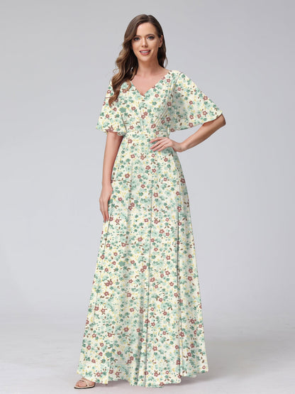 Robes de Demoiselled'Honneur à Fleurs, Coupe A-Line/Princesse, Col en V, Manches Courtes, Plis