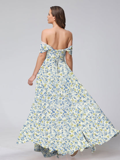 Robe de Demoiselled'Honneur Trapèze/Princesse, Épaules Dénudées, Manches Courtes, Fendue Sur le Côté, Motif Floral