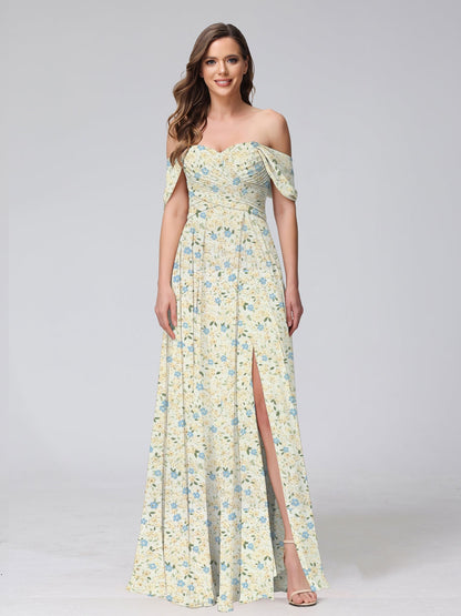 Robe de Demoiselled'Honneur Trapèze/Princesse, Épaules Dénudées, Manches Courtes, Fendue Sur le Côté, Motif Floral