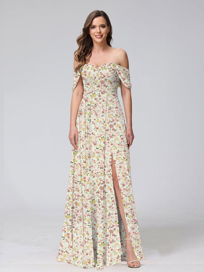 Robe de Demoiselled'Honneur Trapèze/Princesse, Épaules Dénudées, Manches Courtes, Fendue Sur le Côté, Motif Floral