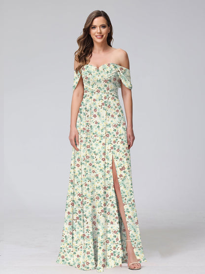 Robe de Demoiselled'Honneur Trapèze/Princesse, Épaules Dénudées, Manches Courtes, Fendue Sur le Côté, Motif Floral