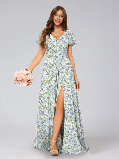 Robe de Demoiselled'Honneur Trapèze/Princesse à Col en V et Manches Courtes, Motif Floral Fendu Sur le Côté