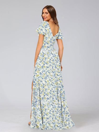 Robe de Demoiselled'Honneur Trapèze/Princesse à Col en V et Manches Courtes, Motif Floral Fendu Sur le Côté