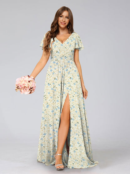 Robe de Demoiselled'Honneur Trapèze/Princesse à Col en V et Manches Courtes, Motif Floral Fendu Sur le Côté