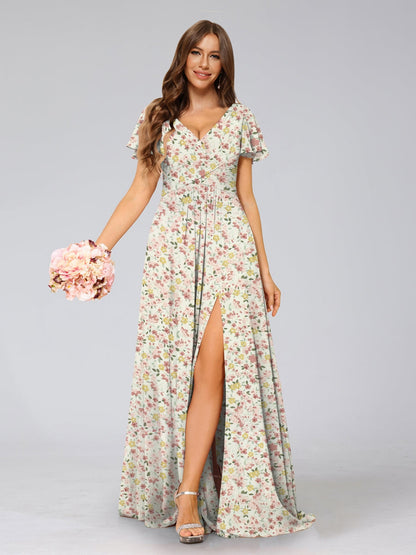 Robe de Demoiselled'Honneur Trapèze/Princesse à Col en V et Manches Courtes, Motif Floral Fendu Sur le Côté