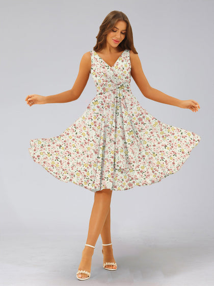 Robes de Demoiselled'Honneur à Fleurs Froncées, Coupe A-Line/Princesse, Col en V, Sans Manches