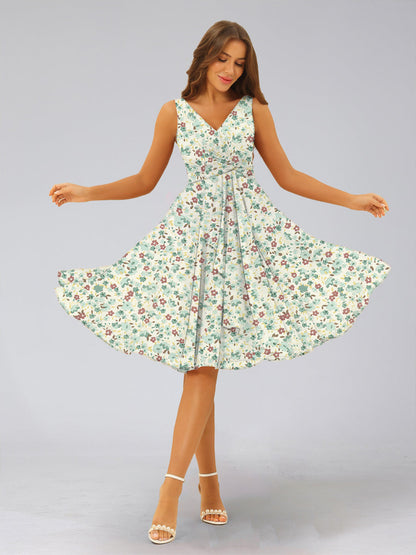 Robes de Demoiselled'Honneur à Fleurs Froncées, Coupe A-Line/Princesse, Col en V, Sans Manches