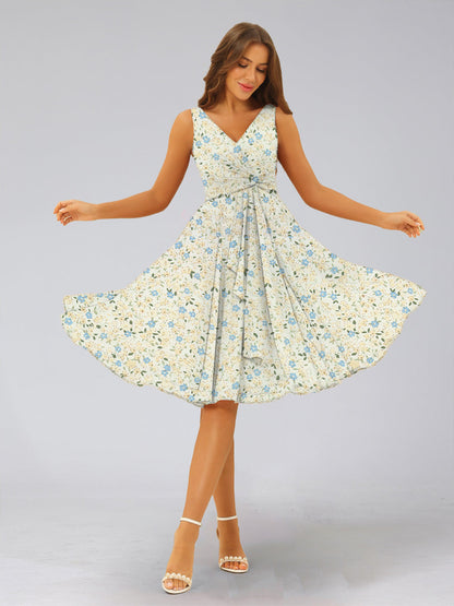 Robes de Demoiselled'Honneur à Fleurs Froncées, Coupe A-Line/Princesse, Col en V, Sans Manches