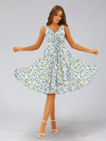 Robes de Demoiselled'Honneur à Fleurs Froncées, Coupe A-Line/Princesse, Col en V, Sans Manches