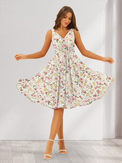 Robes de Demoiselled'Honneur à Fleurs Froncées, Coupe A-Line/Princesse, Col en V, Sans Manches