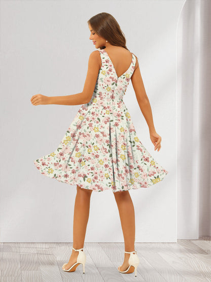 Robes de Demoiselled'Honneur à Fleurs Froncées, Coupe A-Line/Princesse, Col en V, Sans Manches