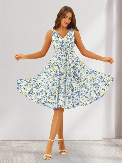 Robes de Demoiselled'Honneur à Fleurs Froncées, Coupe A-Line/Princesse, Col en V, Sans Manches