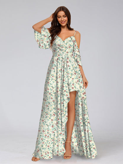Robe de Demoiselled'Honneur Trapèze/Princesse à Épaules Dénudées et Manches Mi-Longues Fendues Sur le Côté