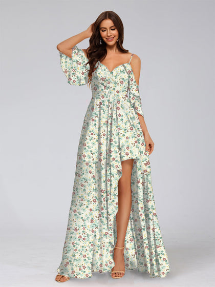 Robe de Demoiselled'Honneur Trapèze/Princesse à Épaules Dénudées et Manches Mi-Longues Fendues Sur le Côté