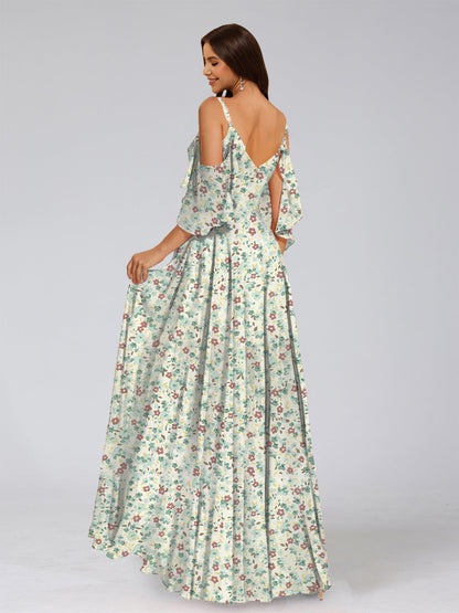 Robe de Demoiselled'Honneur Trapèze/Princesse à Épaules Dénudées et Manches Mi-Longues Fendues Sur le Côté