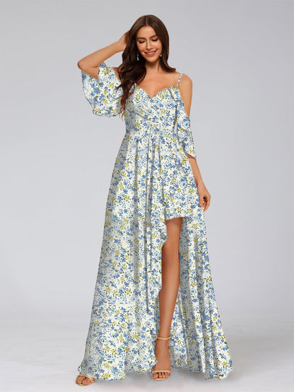 Robe de Demoiselled'Honneur Trapèze/Princesse à Épaules Dénudées et Manches Mi-Longues Fendues Sur le Côté
