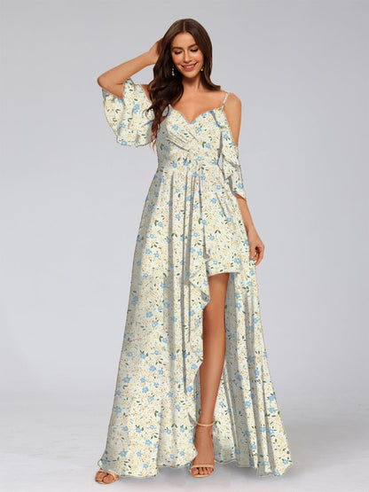 Robe de Demoiselled'Honneur Trapèze/Princesse à Épaules Dénudées et Manches Mi-Longues Fendues Sur le Côté