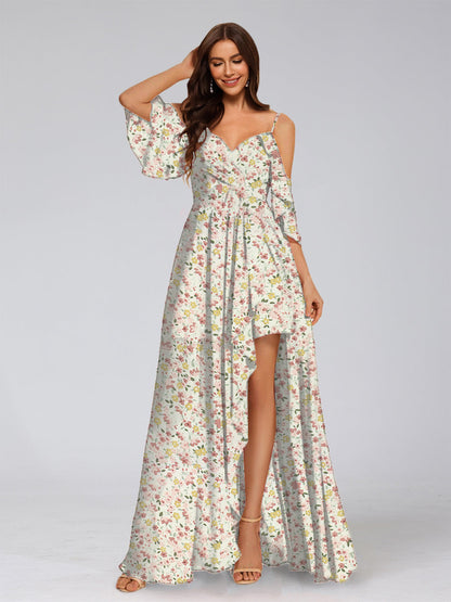 Robe de Demoiselled'Honneur Trapèze/Princesse à Épaules Dénudées et Manches Mi-Longues Fendues Sur le Côté