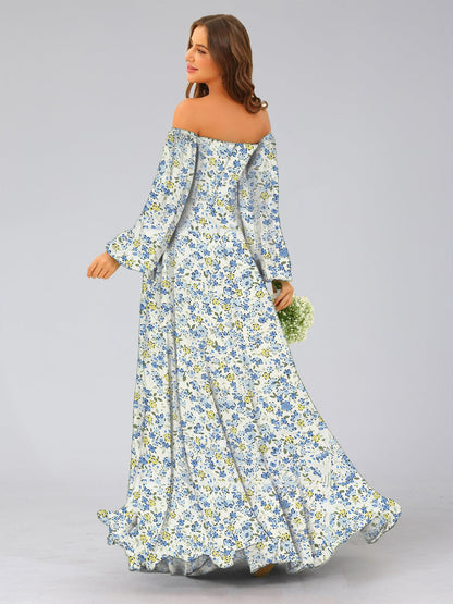Robe de Demoiselled'Honneur à Manches Longues, Coupe Trapèze/Princesse, Décolleté en Cœur, Fendue Sur le Côté, Motif Floral