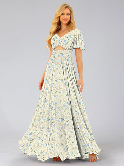 Robes de Demoiselled'Honneur à Fleurs Froncées, Coupe A-Line/Princesse, Col en V, Manches Courtes