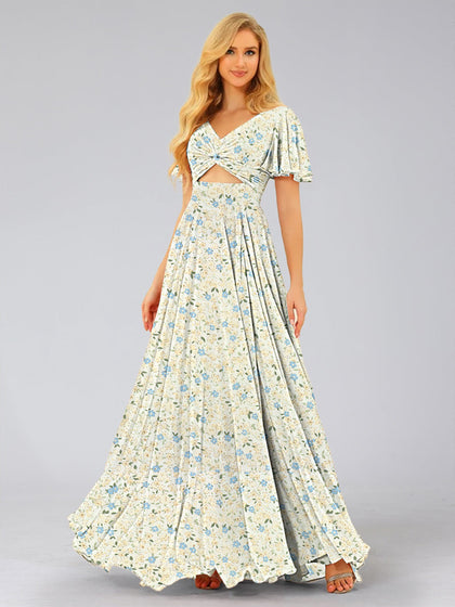 Robes de Demoiselled'Honneur à Fleurs Froncées, Coupe A-Line/Princesse, Col en V, Manches Courtes