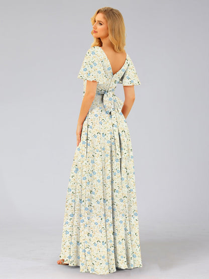 Robes de Demoiselled'Honneur à Fleurs Froncées, Coupe A-Line/Princesse, Col en V, Manches Courtes