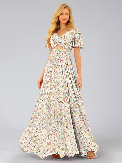 Robes de Demoiselled'Honneur à Fleurs Froncées, Coupe A-Line/Princesse, Col en V, Manches Courtes