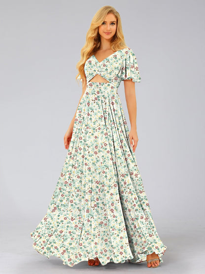Robes de Demoiselled'Honneur à Fleurs Froncées, Coupe A-Line/Princesse, Col en V, Manches Courtes