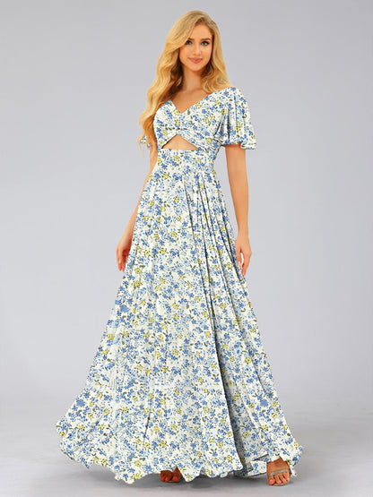 Robes de Demoiselled'Honneur à Fleurs Froncées, Coupe A-Line/Princesse, Col en V, Manches Courtes