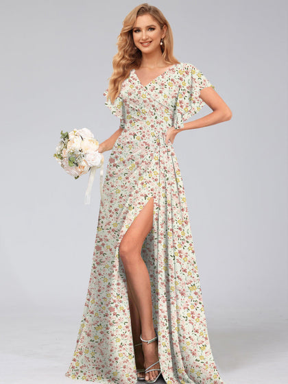 Robe de Demoiselled'Honneur à Fleurs, Coupe Trapèze/Princesse, Col en V, Manches Courtes, Traîne Watteau