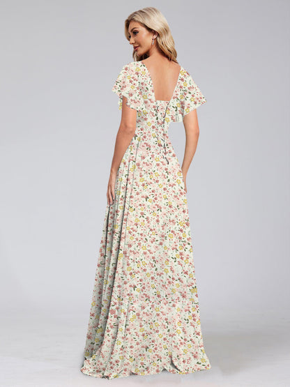 Robe de Demoiselled'Honneur à Fleurs, Coupe Trapèze/Princesse, Col en V, Manches Courtes, Traîne Watteau