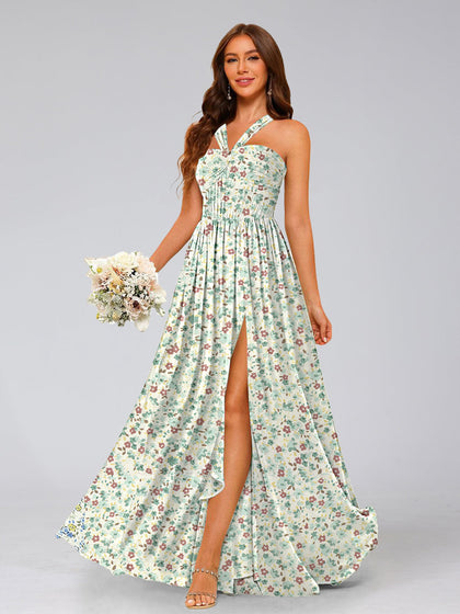Robe de Demoiselled'Honneur à Fleurs, Coupe A-Line/Princesse, Dos Nu, Sans Manches, Fendue Sur le Côté