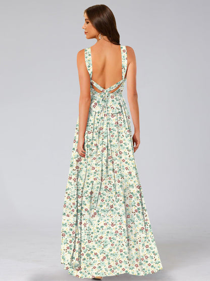 Robe de Demoiselled'Honneur à Fleurs, Coupe A-Line/Princesse, Dos Nu, Sans Manches, Fendue Sur le Côté