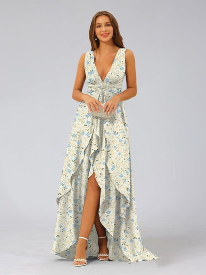 Robe de Demoiselled'Honneur Trapèze/Princesse, Décolleté Plongeant en V, Sans Manches, à Volants et à Fleurs