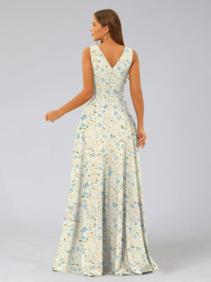 Robe de Demoiselled'Honneur Trapèze/Princesse, Décolleté Plongeant en V, Sans Manches, à Volants et à Fleurs