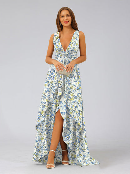 Robe de Demoiselled'Honneur Trapèze/Princesse, Décolleté Plongeant en V, Sans Manches, à Volants et à Fleurs
