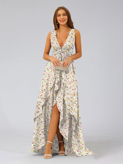 Robe de Demoiselled'Honneur Trapèze/Princesse, Décolleté Plongeant en V, Sans Manches, à Volants et à Fleurs