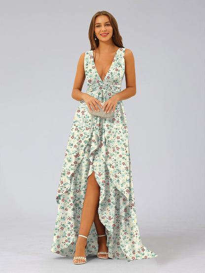 Robe de Demoiselled'Honneur Trapèze/Princesse, Décolleté Plongeant en V, Sans Manches, à Volants et à Fleurs