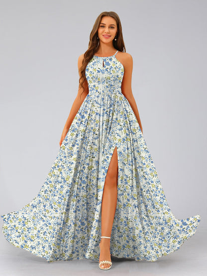 Robes de Demoiselled'Honneur à Fleurs Froncées, Coupe A-Line/Princesse, Dos Nu, Sans Manches