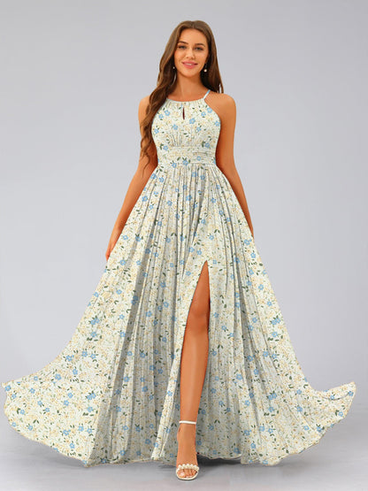 Robes de Demoiselled'Honneur à Fleurs Froncées, Coupe A-Line/Princesse, Dos Nu, Sans Manches