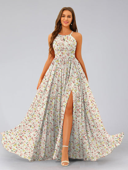 Robes de Demoiselled'Honneur à Fleurs Froncées, Coupe A-Line/Princesse, Dos Nu, Sans Manches