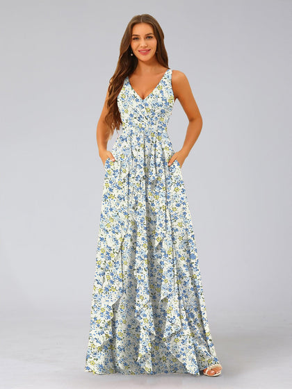 Robe de Demoiselled'Honneur à Fleurs, Coupe Trapèze/Princesse, Col en V, Sans Manches, Volants