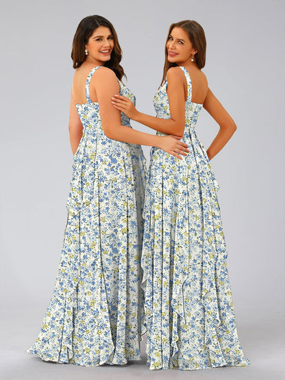 Robe de Demoiselled'Honneur à Fleurs, Coupe Trapèze/Princesse, Col en V, Sans Manches, Volants